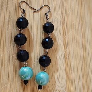 Hand Crafted Black and Turquoise Beaded Earrings Pierced Drop